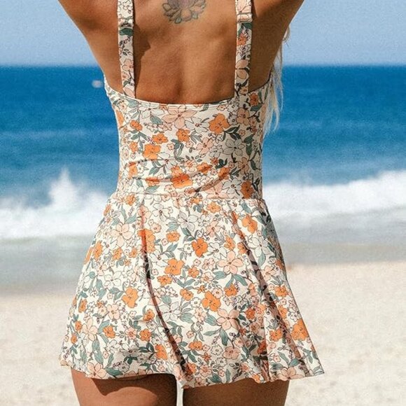 CUPSHE ORANGE DITSY FLORAL SCOOP NECK ONE PIECE SWIM DRESS SIZE MEDIUM NWT - Picture 3 of 4